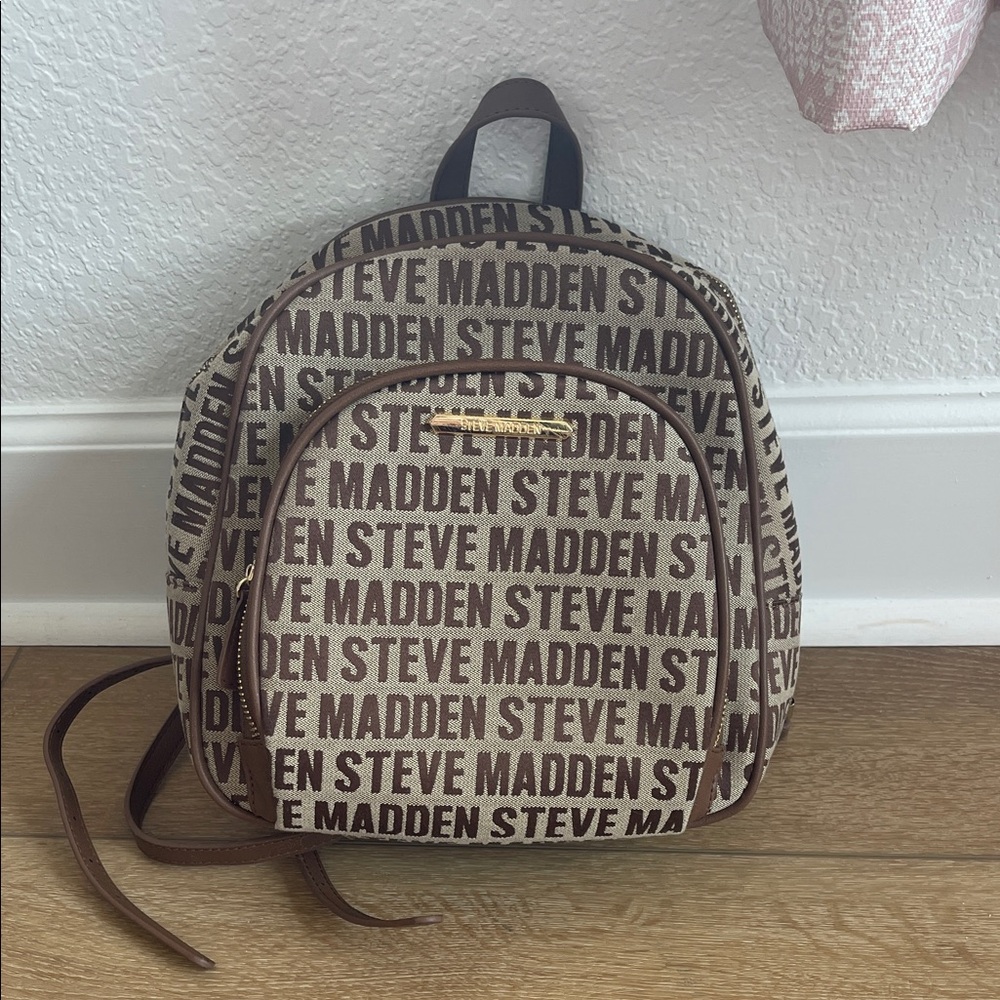 Steve Madden Logo Print Backpack in Brown and Cream